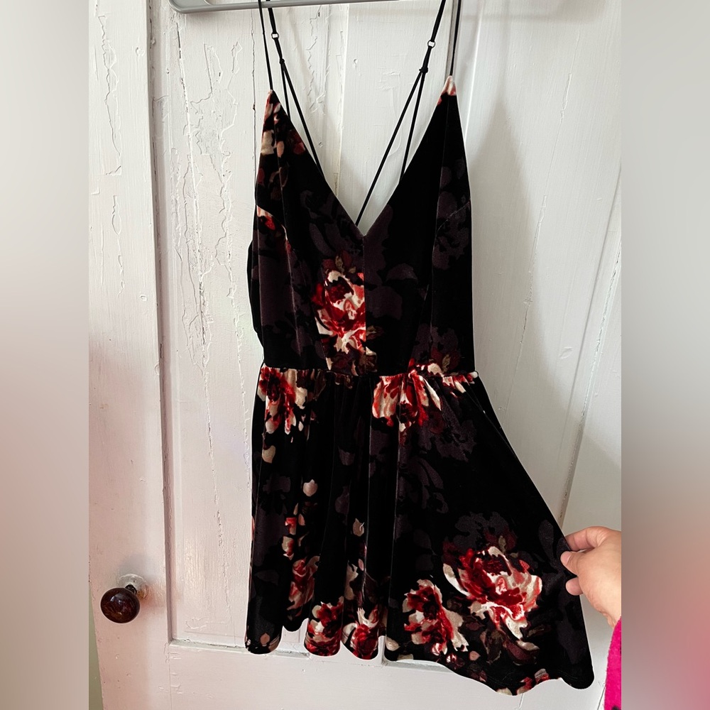 Floral Velvet Black and Red Women's Romper